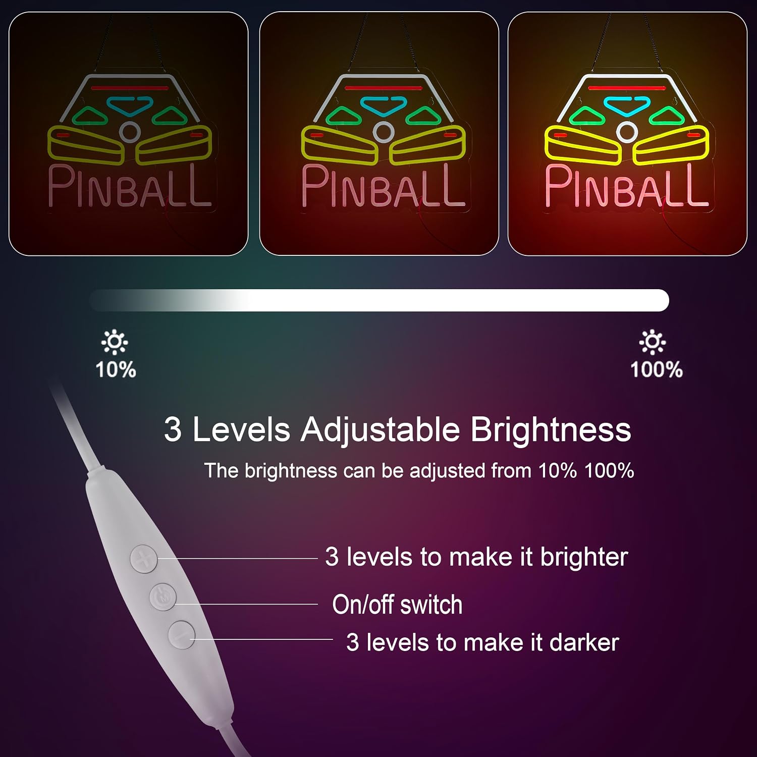 Roouneon Pinball Neon Sign for Wall Décor with Dimmable Switch LED Neon Signs Light Pink+White+Red+Orange+Green+Blue