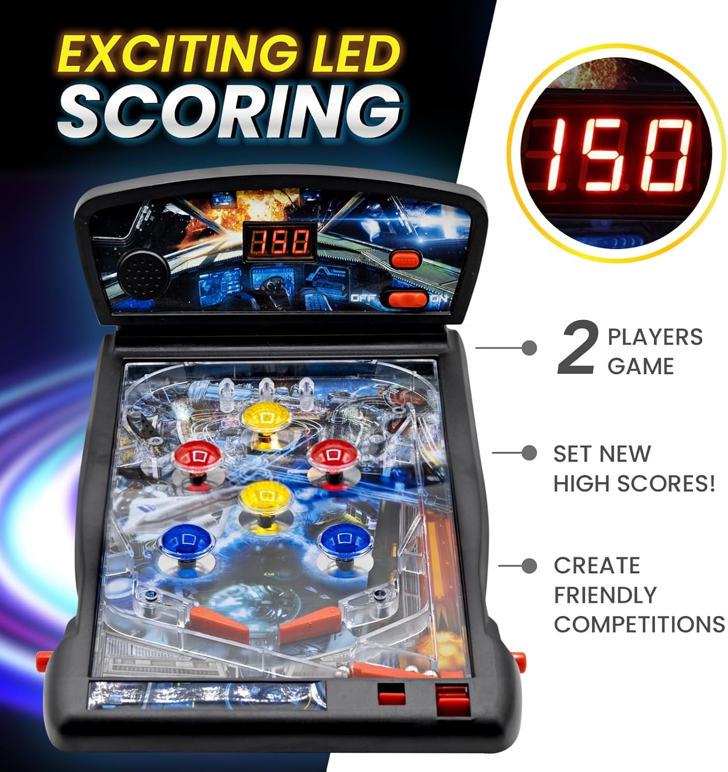 New Era Pinball Game Black – Interactive Tabletop or Floor Arcade Pinball Machine for Kids & Adults – LED Scoring